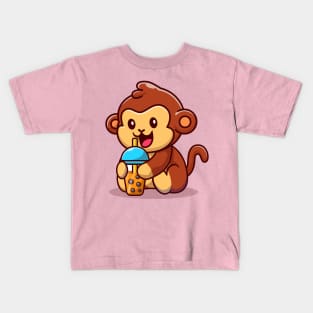 Cute Monkey With Bubble Milk Tea Cartoon Kids T-Shirt